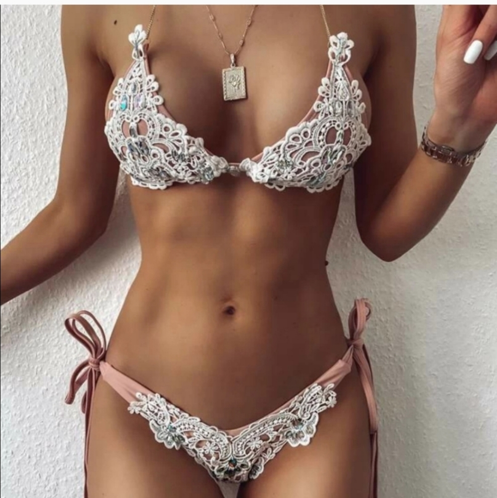 Pink lace halter top bikini